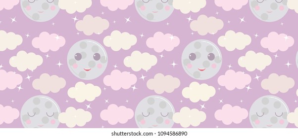 Night sky vector pattern. Cute smiling moon, stars, clouds background. Baby print in soft, pastel colors. 