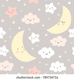 Night Sky Vector Pattern. Cute Smiling Moon, Stars, Clouds Seamless Background. Baby Print In Soft, Pastel Colors. 