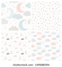 Night sky vector pattern set and hand drawn stars  clouds   moon  Collection cute seamless baby background in delicate pastel colors 
