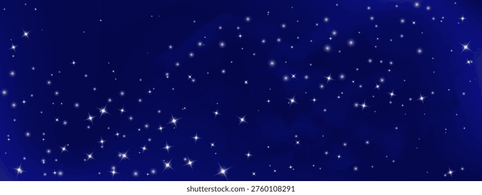Night sky vector with shimmering stars and blue gradient. Dark universe background featuring milky way, cosmic dust, and sparkling starlight effects.