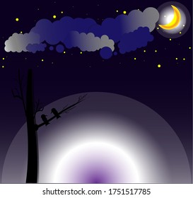 Night sky Vector with silhouette moonlight on blue background.