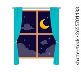 Night Sky View Through Window with Moon, Stars, and Clouds with Curtains