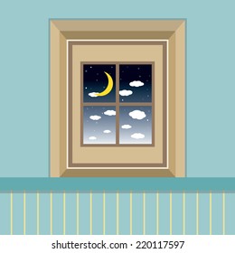 Night Sky View Through The Window Vector Illustration