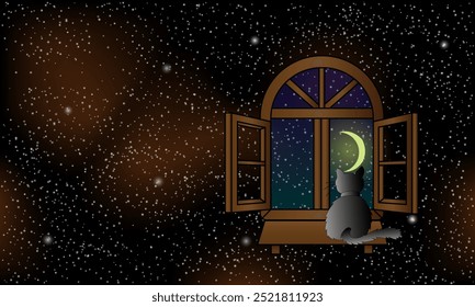 Night sky. View from the window of the night sky. Cat on the windowsill. Vector Illustration EPS10.