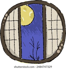 Night sky of the viewing the moon from a window, freehand drawing illustration.
