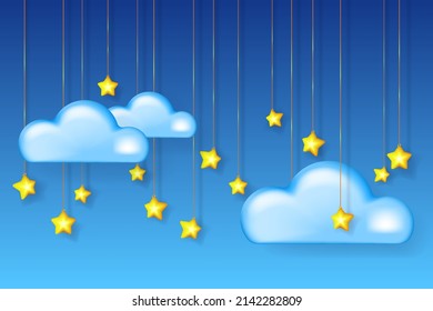 Night sky. White clouds and golden stars on night sky background