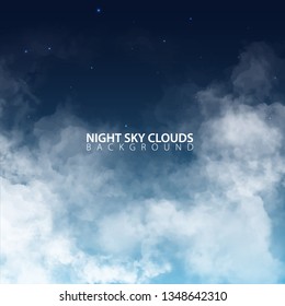 Night sky with white realistic clouds. Vector Illustration