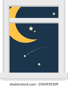 Night sky in window frame. Crescent and stars in dark. Interior view