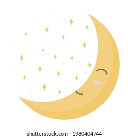 Night sky with yellow stars and sleeping moon. Isolated elements on white background Vector illustration for the nursery. Image for poster, greeting card, party invitation for children.