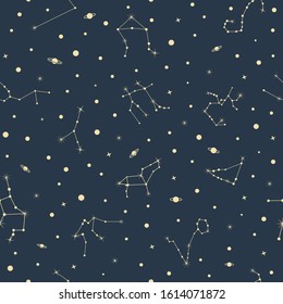 Night sky and zodiac star constellation horoscope seamless pattern vector background