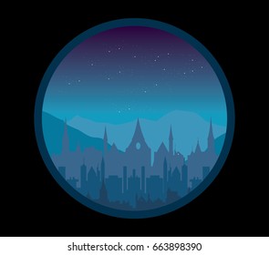 Night skyline. Old town silhouette, buildings, and towers. nature landscape Vector illustration 