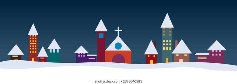 Night skyline of a snowy town. Christmas background, vector illustration for postcard or greeting. Banner and header