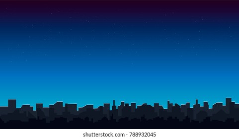 Night skyline vector illustration. City silhouette and starry sky