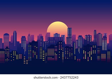 Night skyscrapers. Cityscape of tall buildings and offices at night with illuminated windows against the backdrop of a large moon. City lights. Dormitory area.