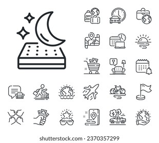 Night sleep bed rest sign. Plane jet, travel map and baggage claim outline icons. Mattress line icon. Moon symbol. Mattress line sign. Car rental, taxi transport icon. Place location. Vector