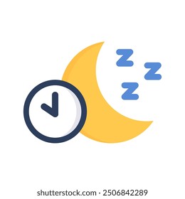 Icono de sueño nocturno. Luna con reloj y signo de zz roncar. Hora de acostarse, noche, insomnio, conceptos de sueño. Ilustración aislada de diseño de Vector plano.