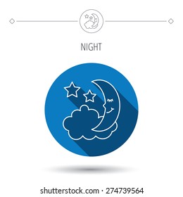 Night or sleep icon. Moon and stars sign. Crescent astronomy symbol. Blue flat circle button. Linear icon with shadow. Vector