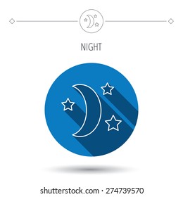 Night or sleep icon. Moon and stars sign. Crescent astronomy symbol. Blue flat circle button. Linear icon with shadow. Vector