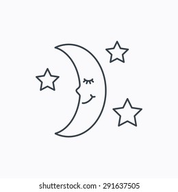 Night or sleep icon. Moon and stars sign. Crescent astronomy symbol. Linear outline icon on white background. Vector