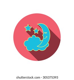 Night or sleep icon. Moon and stars sign. Crescent astronomy symbol. Red flat circle button. Linear icon with shadow. Vector