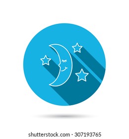 Night or sleep icon. Moon and stars sign. Crescent astronomy symbol. Blue flat circle button with shadow. Vector
