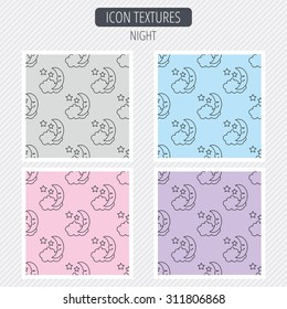 Night or sleep icon. Moon and stars sign. Crescent astronomy symbol. Diagonal lines texture. Seamless patterns set. Vector