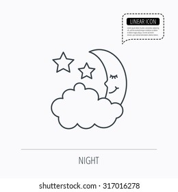 Night or sleep icon. Moon and stars sign. Crescent astronomy symbol. Linear outline icon. Speech bubble of dotted line. Vector