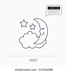 Night or sleep icon. Moon and stars sign. Crescent astronomy symbol. Linear outline icon. Speech bubble of dotted line. Vector