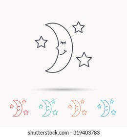 Night or sleep icon. Moon and stars sign. Crescent astronomy symbol. Linear icons on white background. Vector