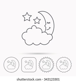 Night or sleep icon. Moon and stars sign. Crescent astronomy symbol. Linear circle, square and star buttons with icons.