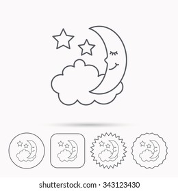 Night or sleep icon. Moon and stars sign. Crescent astronomy symbol. Linear circle, square and star buttons with icons.