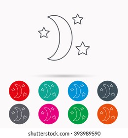 Night or sleep icon. Moon and stars sign. Crescent astronomy symbol. Linear icons in circles on white background.