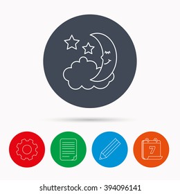 Night or sleep icon. Moon and stars sign. Crescent astronomy symbol. Calendar, cogwheel, document file and pencil icons.