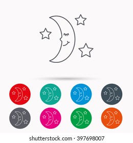 Night or sleep icon. Moon and stars sign. Crescent astronomy symbol. Linear icons in circles on white background.