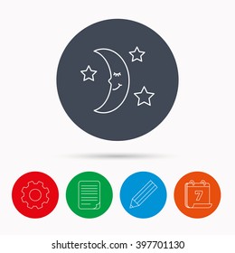 Night or sleep icon. Moon and stars sign. Crescent astronomy symbol. Calendar, cogwheel, document file and pencil icons.