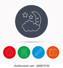 Night or sleep icon. Moon and stars sign. Crescent astronomy symbol. Calendar, cogwheel, document file and pencil icons.