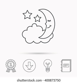 Night or sleep icon. Moon and stars sign. Crescent astronomy symbol. Download arrow, lamp, learn book and award medal icons.
