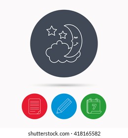 Night or sleep icon. Moon and stars sign. Crescent astronomy symbol. Calendar, pencil or edit and document file signs. Vector