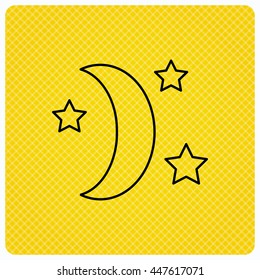 Night or sleep icon. Moon and stars sign. Crescent astronomy symbol. Linear icon on orange background. Vector