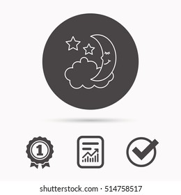 Night or sleep icon. Moon and stars sign. Crescent astronomy symbol. Report document, winner award and tick. Round circle button with icon. Vector