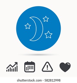 Night or sleep icon. Moon and stars sign. Crescent astronomy symbol. Calendar, attention sign and growth chart. Button with web icon. Vector