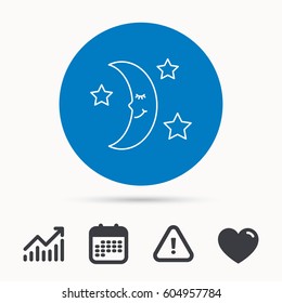 Night or sleep icon. Moon and stars sign. Crescent astronomy symbol. Calendar, attention sign and growth chart. Button with web icon. Vector