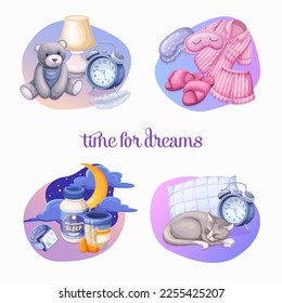Night sleep icons set vector illustration. Cartoon cute pajama with mask and cozy slippers, teddy bear and sleeping cat, pillow for bed and lamp, moon and stars in healthy sleep elements collection