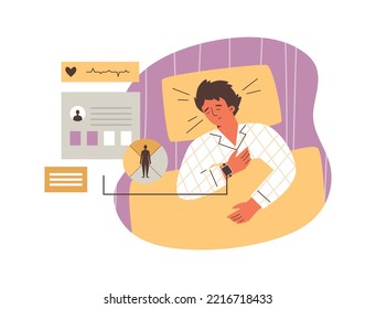 Night sleep monitoring applications and devices banner, flat cartoon vector illustration isolated on white background. Man sleeping with started health monitoring app.
