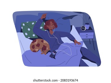 Night Sleep Of Woman In Earphones Listening To Music In Bed. Person Fall Asleep With Smartphone. Female Sleeping With Cat In Bedroom. Human And Kitty Relaxing Together. Flat Vector Illustration