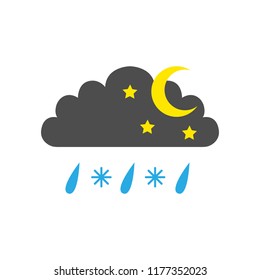 NIGHT SLEET symbol. CLOUD, HALF MOON, STARS, SNOWFLAKES and RAIN DROPS. Weather forecast icon. Vector.