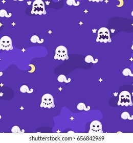Night small ghosts Halloween cartoon, seamless tile vector texture pattern