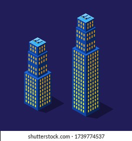 La ciudad nocturna inteligente 3D futuro neón ultravioleta conjunto de edificios isométricos de infraestructura urbana. Ilustración conceptual de la ciudad residencial de los gráficos de diseño vectorial.