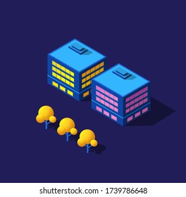 The night smart city 3D future neon ultraviolet set of urban infrastructure isometric buildings. Conceptual residential town illustration of vector design graphics.