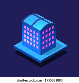 The night smart city 3D future neon ultraviolet set of urban infrastructure isometric buildings. Conceptual residential town illustration of vector design graphics.
